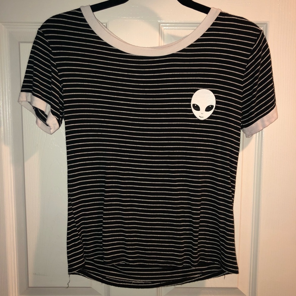 Black and white striped shirt with alien